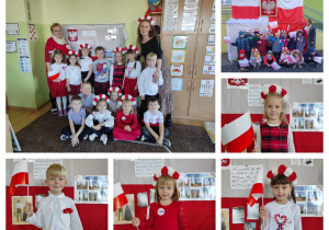 mix 6 zdjęć, na których ubrane w biało-czerwone ubrania dzieci i nauczycielki biorą udział w uroczystym śpiewaniu hymnu